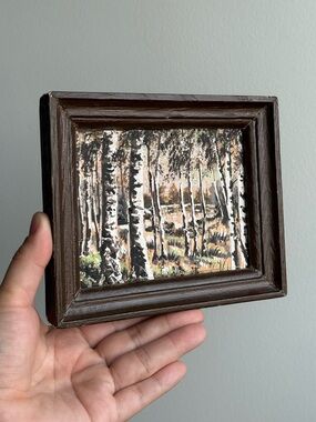 Small Wood Framed Mid Century Hand Painted Birch Forest Unknown Artist Wall Art
